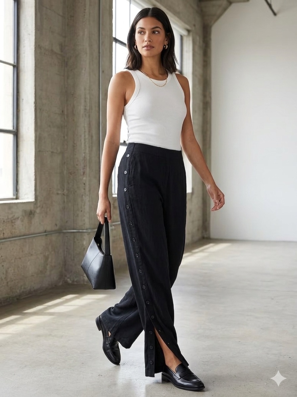 Fashion Nova Black High-Waist Wide-Leg Snap-Detail Pants